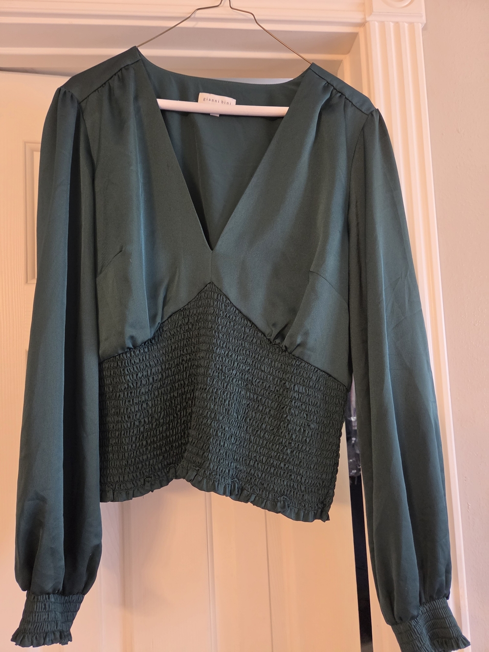 Gianni Bini Dark Teal V-Neck Smocked-Waist Blouse